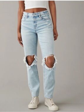 American Eagle Tall Super High Rise Ankle Straight Jean Light Distressed Denim 6